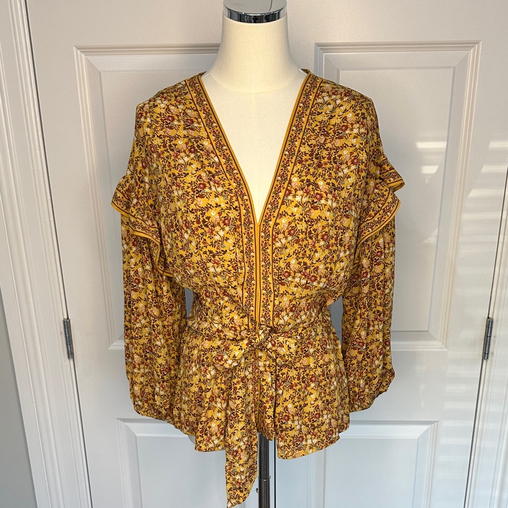 Max Studio Brown Floral Ruffle Wrap Tie Waist Peasant Boho Blouse V-Neck Size M